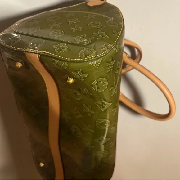 Vintage Olive Green Patent Monogram Satchel Speedy Style Y2K Glossy Handbag - Picture 10 of 16